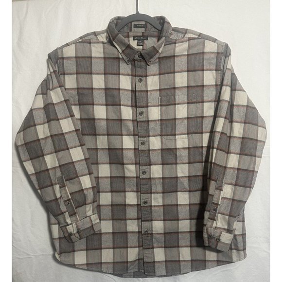 Eddie Bauer Men XXL‎ 2XL Grey White Long Sleeve Plaid Button Down Flannel Shirt - Picture 2 of 6